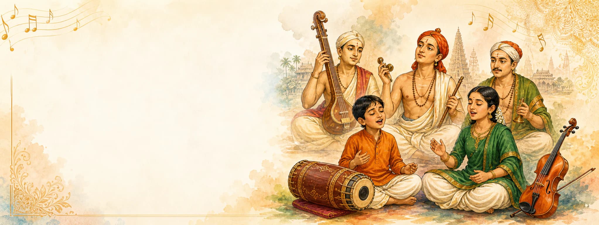 Carnatic Trinity with students, violin, and mridangam
