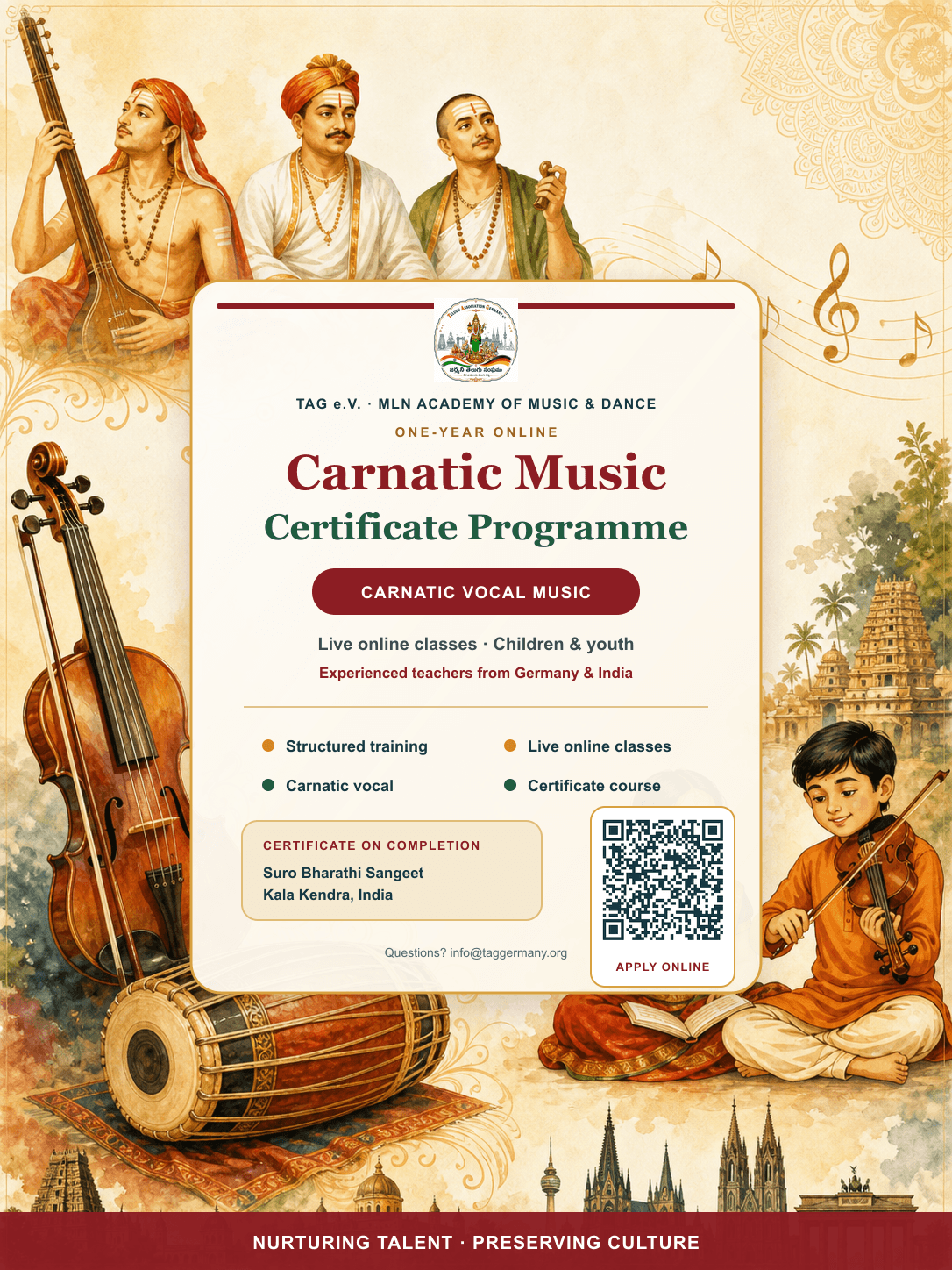 TAG e.V. and MLN Academy Carnatic Music Certificate Programme application poster