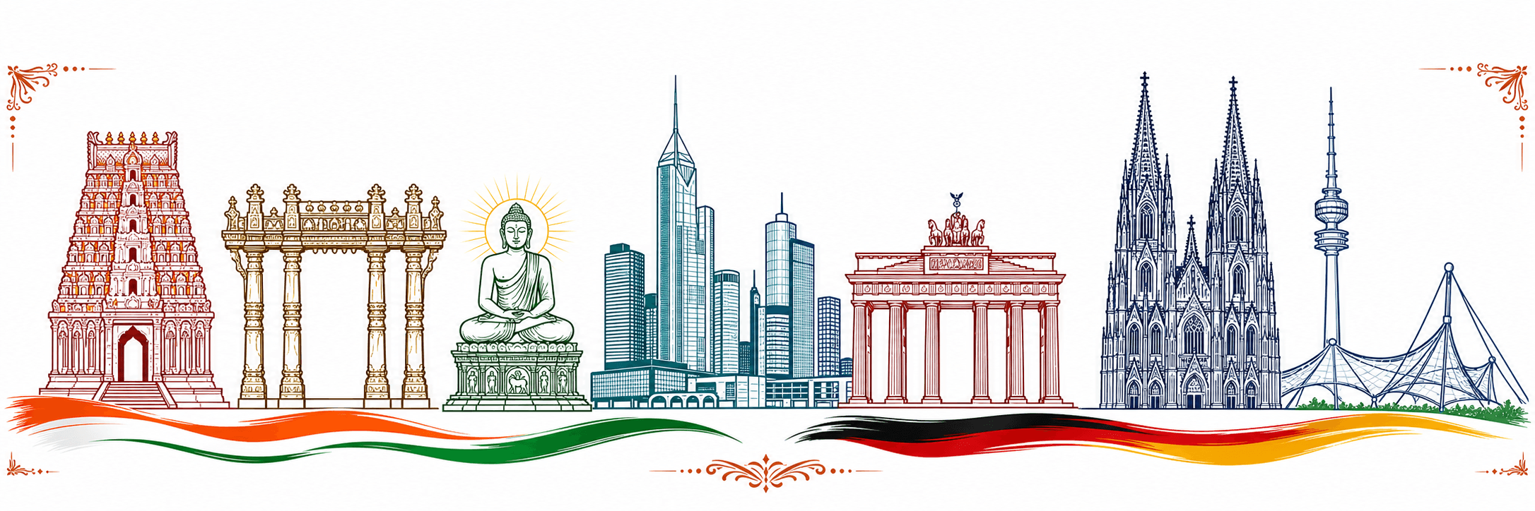 Illustration of Tirumala, Kakatiya Thoranam, Amaravati Buddha, Frankfurt, Brandenburg Gate, Cologne Cathedral, and Munich Olympic Park